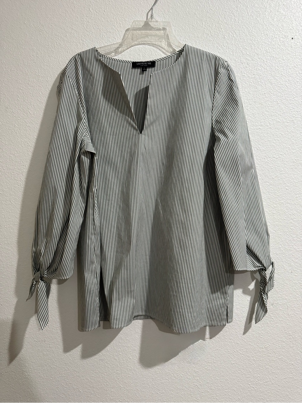 Lafayette 148 New York Green & White Pinstripe Tie-Cuff Tunic Blouse